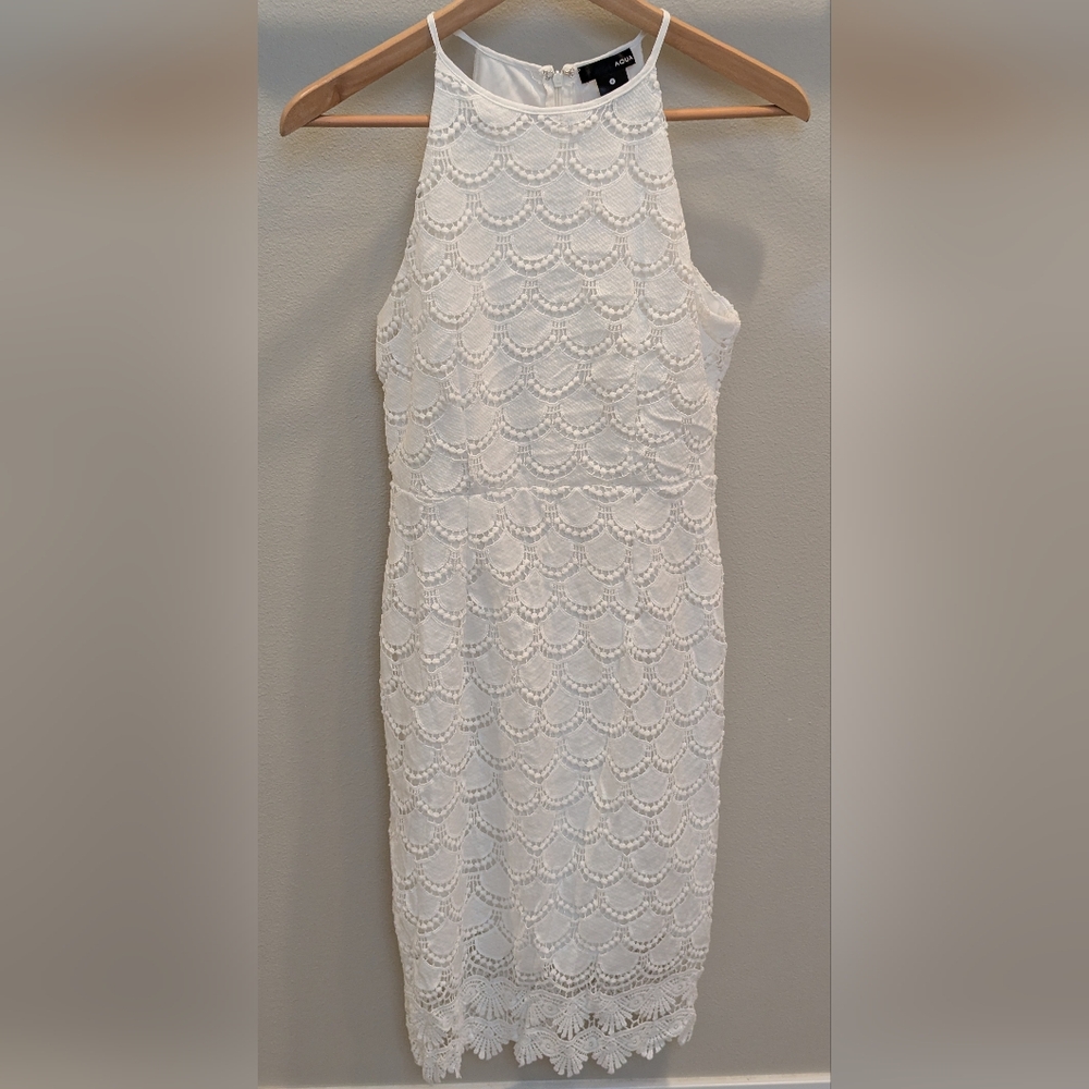 Aqua (S) White Embroidered Scalloped Dress